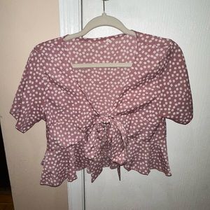 Pink Blouse with White Flowers. Size: S-M Slightly Cropped